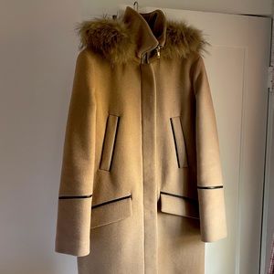 Soia & Kyo Knee length wool coat with fur trim hood. PRISTINE CONDITION.